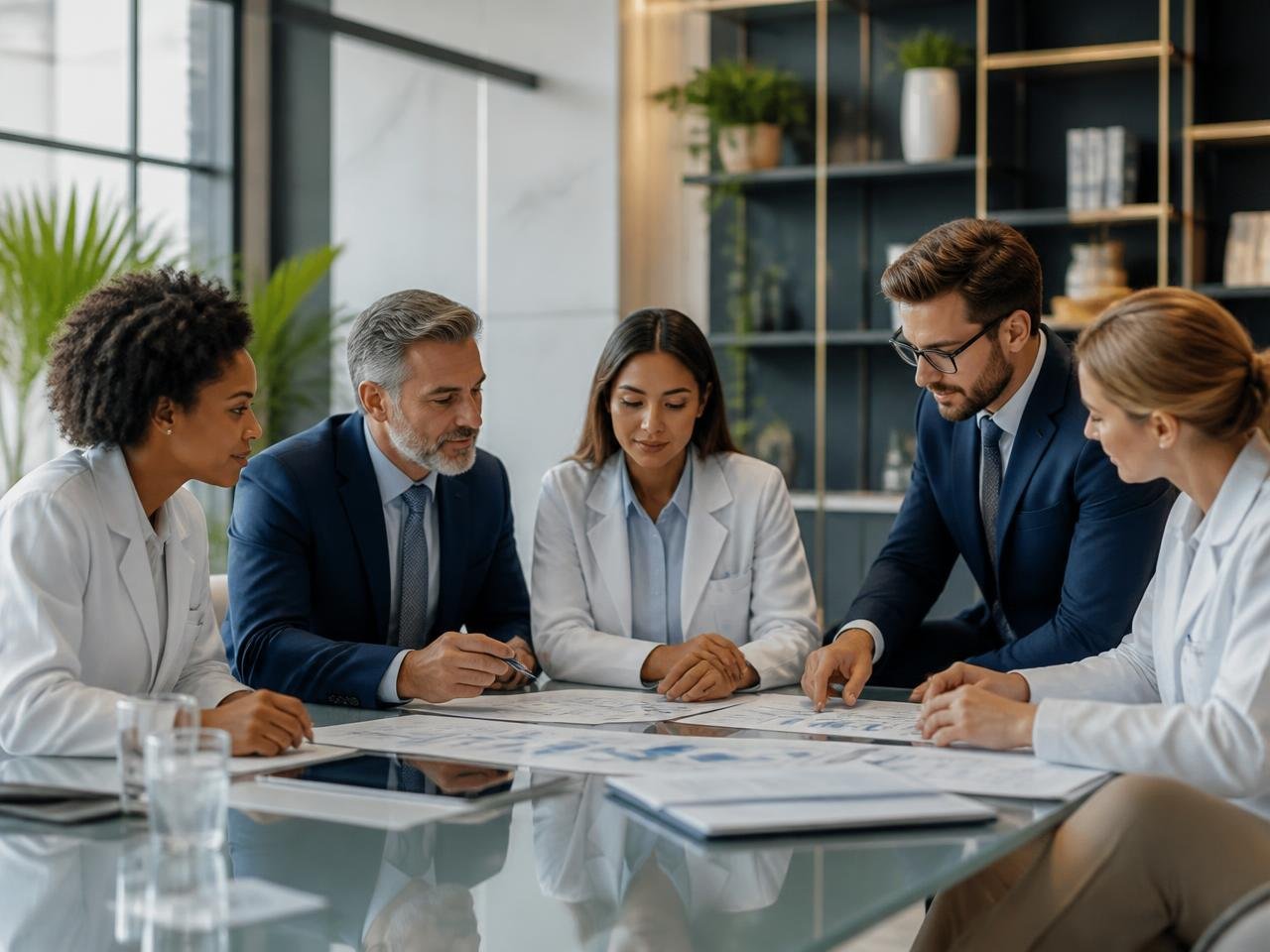 Equipe médica analisando relatórios financeiros da clínica